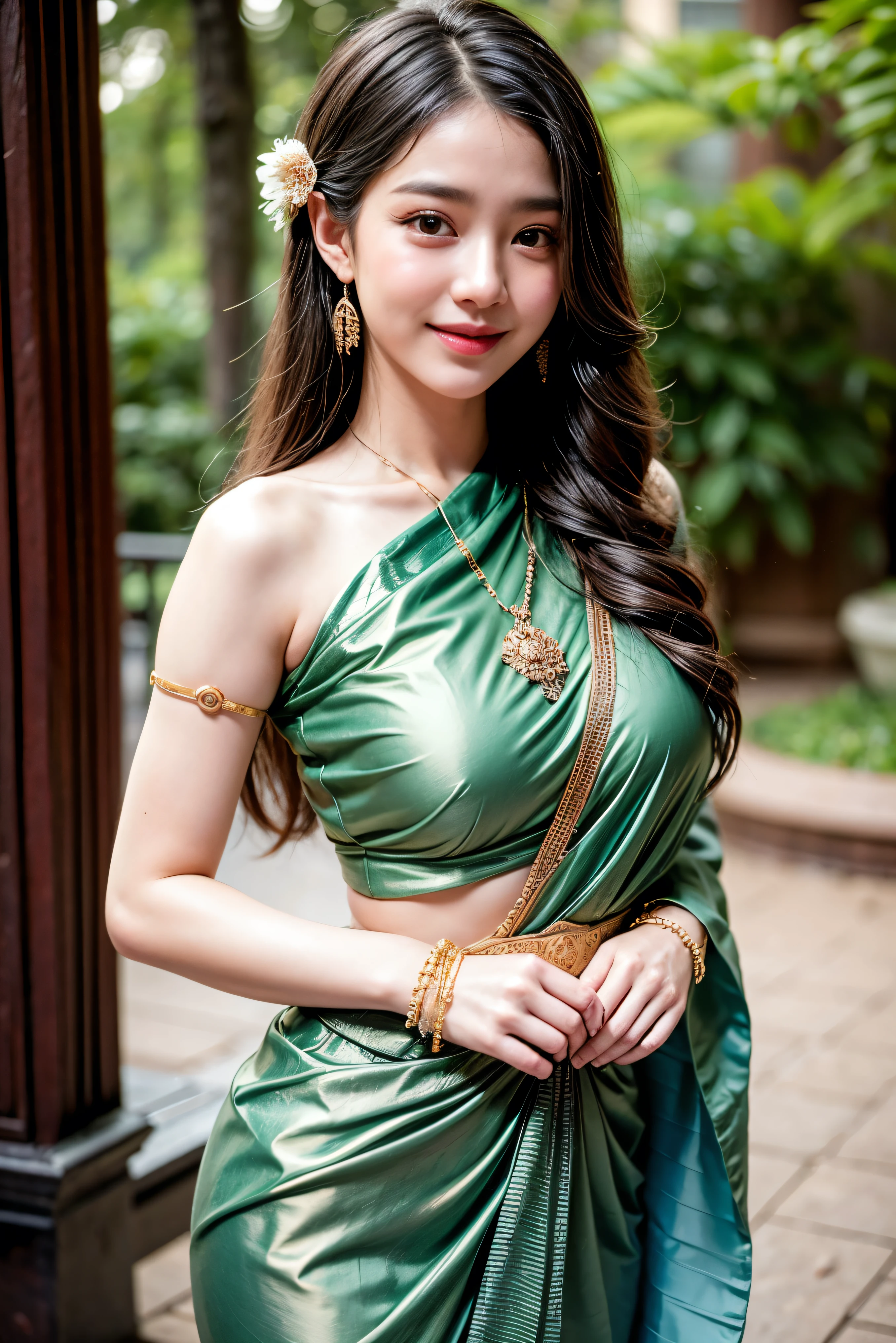 8K, ultra high detailed, an thai girl, cute face, happy, long hair, impressive hairstyle, detailed eyes, detailed lips, thai clothes, saree, green saree, lace, wearing jewellery, nature background, flowers, afternoon, shadow, clear weather, whole body capture, smile, nsfw