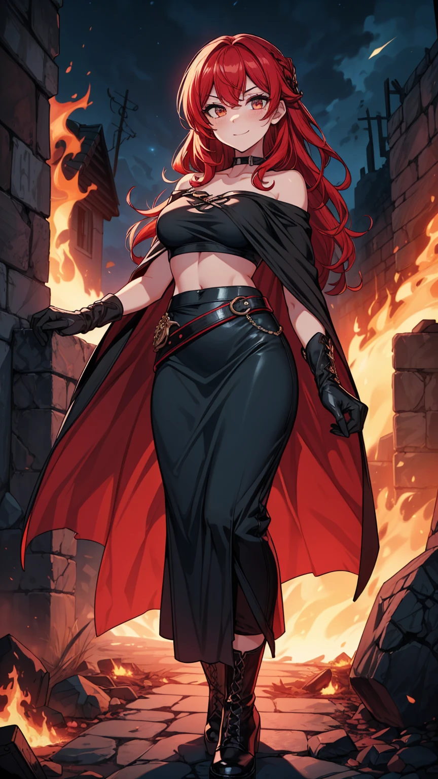  A beautiful and beautiful girl with bright red straight curling hair and wearing a black lens and bright pink lips, soft cheek and beautiful sexy body and wearing a black flounced top and a maxi skirt with violet buttons and a boot made of gold and a hand in power with a galactic core in the background. this graveyard galaxy