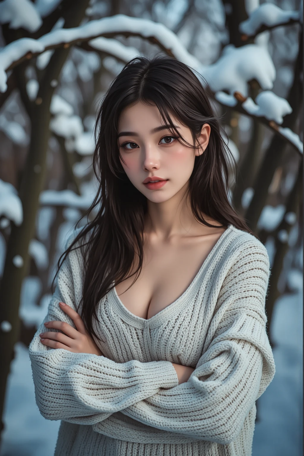 a beautiful Korean girl in a snowy forest, 20 years girl, detailed portrait, beautiful detailed eyes, beautiful detailed lips, extremely detailed face, long eyelashes, detailed skin, above knee length Clear Slim Fit Jacket Dress, beautiful soft thighs, snowy pine trees, snowflakes, mist, cold atmosphere, cinematic lighting, dramatic shadows, fantasy, digital painting, (best quality,8k,highres,masterpiece:1.2),ultra-detailed,(realistic,photorealistic:1.4),dramatic lighting, depth of field, volumetric lighting, beautiful face, realistic face, realistic skin, realistic smile, realistic atmosphere, every thing is realistic, cutest smile, realistic body, realistic body language, little cleavage, mouth watering beauty, standing, upper body shot, 
