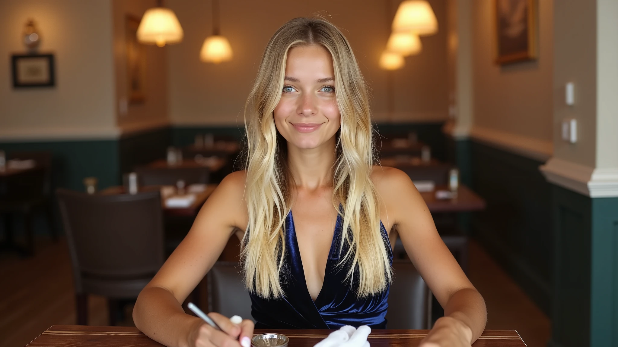 A photorealistic image of a beautiful young 18-year old girl with very long, straight blonde hair and wearing a dark blue velvet dress and black high heels, sitting at a table in a restaurant. Head-on view.