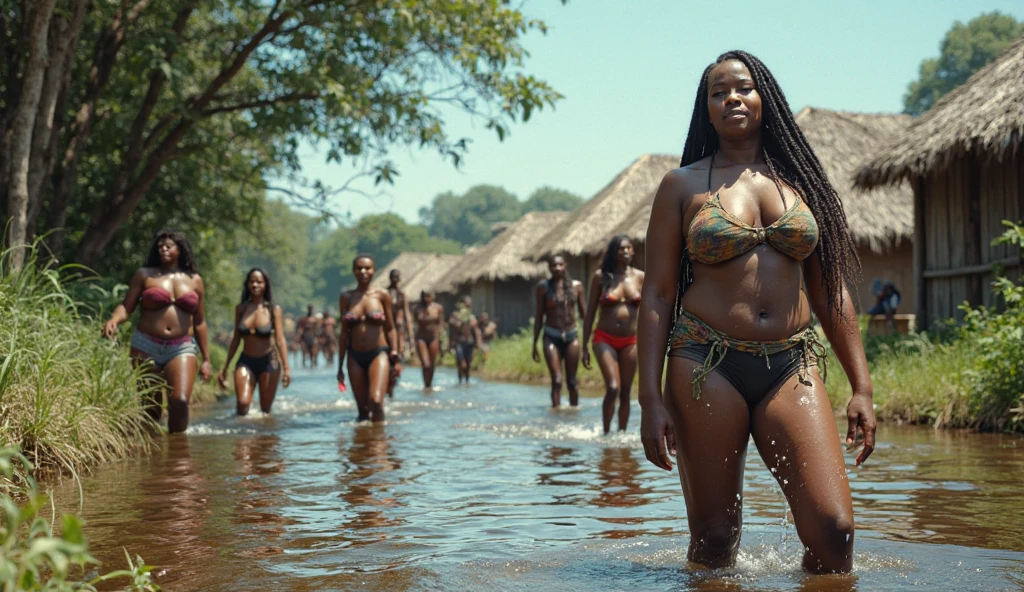 8k, top quality, finish: 1.2), (realistic, photo-realistic: 1.37), highly detailed, (1000 girls), This realistic image shows a large group of curly-haired papuan new guinea women, wearing brown bikinis and tight traditional clothing, walking among traditional papua new guinea houses. The women in this image are black and appear to have different ages and short body shapes. The atmosphere of this image looks like a parade or special event involving many female participants. , breasts, beautiful eye details, (traditional dress: 1.1), ((sexy)), curvy body, (full body), standing, sexy, Translated with DeepL.com (free version)