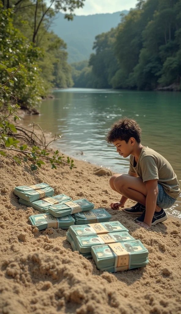 "A boy discovering stacks of old 20-dollar bills in the dirt near a river."