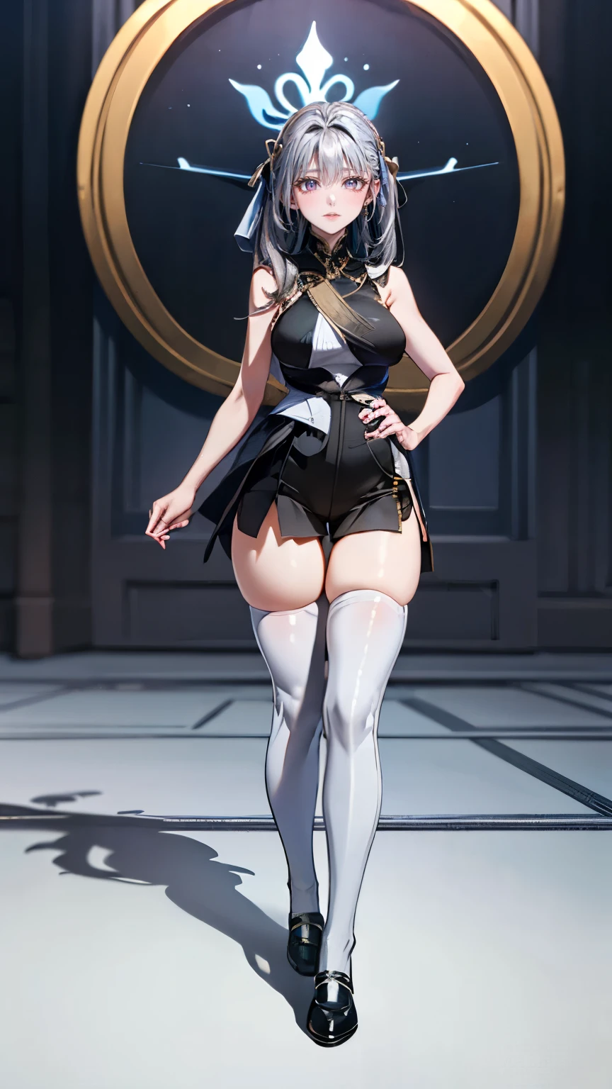 (extremely detailed CG unity 8k wallpaper), (ultra-detailed), masterpiece, best quality, Mature woman, lucy \(cyberpunk\), 1girl, bodysuit, solo, breasts, cyberpunk, neon lights, multicolored hair, short hair,  looking at viewer, medium breasts, black bodysuit, grey eyes, hip vent, clothing cutout, thigh gap, covered navel, white jacket, bare shoulders,    <lora:lucyCyberpunk_35Epochs:0.7>
