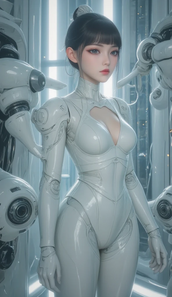 ultra detailed complex 3d rendering of a gorgeous porcelain profile android face, cyborg, robotic parts, 150 mm, beautiful soft studio light, rim light, vibrant details, luxurious cyberpunk, lace, hyper-realistic, anatomical, facial muscles, electrical cables, microchip, elegant, beautiful background, octane rendering, HR Giger style, 8k, best quality, masterpiece, illustration, extremely delicate and beautiful, extremely detailed, CG, unit, wallpaper, (realistic, photorealistic: 1.37), amazing, finely detailed, masterpiece, best quality, official art, 8k unit wallpaper CG extremely detailed, absurd, incredibly absurd, robot, silver helmet, full body, sitting, gleaming blonde hair looking gold color mixed with diamond, hair up to the shoulders, transparent clothing in the waist region, floss, hair loose and shoulder-length and some of the hair drooping over her right eye, seductive look, breasts partially showing her