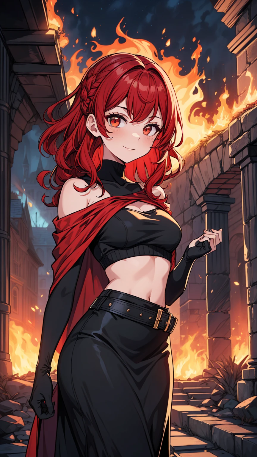A girl with crimson red hair and maroon eyes with a black and red shirt that covers her whole torso and sweatpants and big breasts smiling and a background with volcanoes and fire