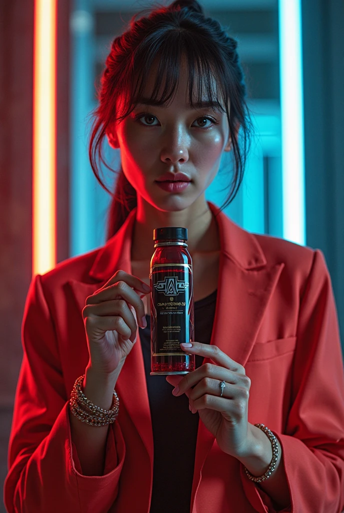 Blazer uniform, bob cut, big breasts, open chest, drinking can juice, liquid falling from mouth, can juice looking, half open mouth, no makeup, top quality, masterpiece, (real: 1.2), young, woman, detailed face, detailed eyes, detailed hair, detailed skin, dramatic, vivid, sharp focus, 50mm, f1.2, EOS R8, (3/4 body: 1.2)), Standing, (Complex background: 1.6), (Best Quality: 1.2), 8K High Definition,