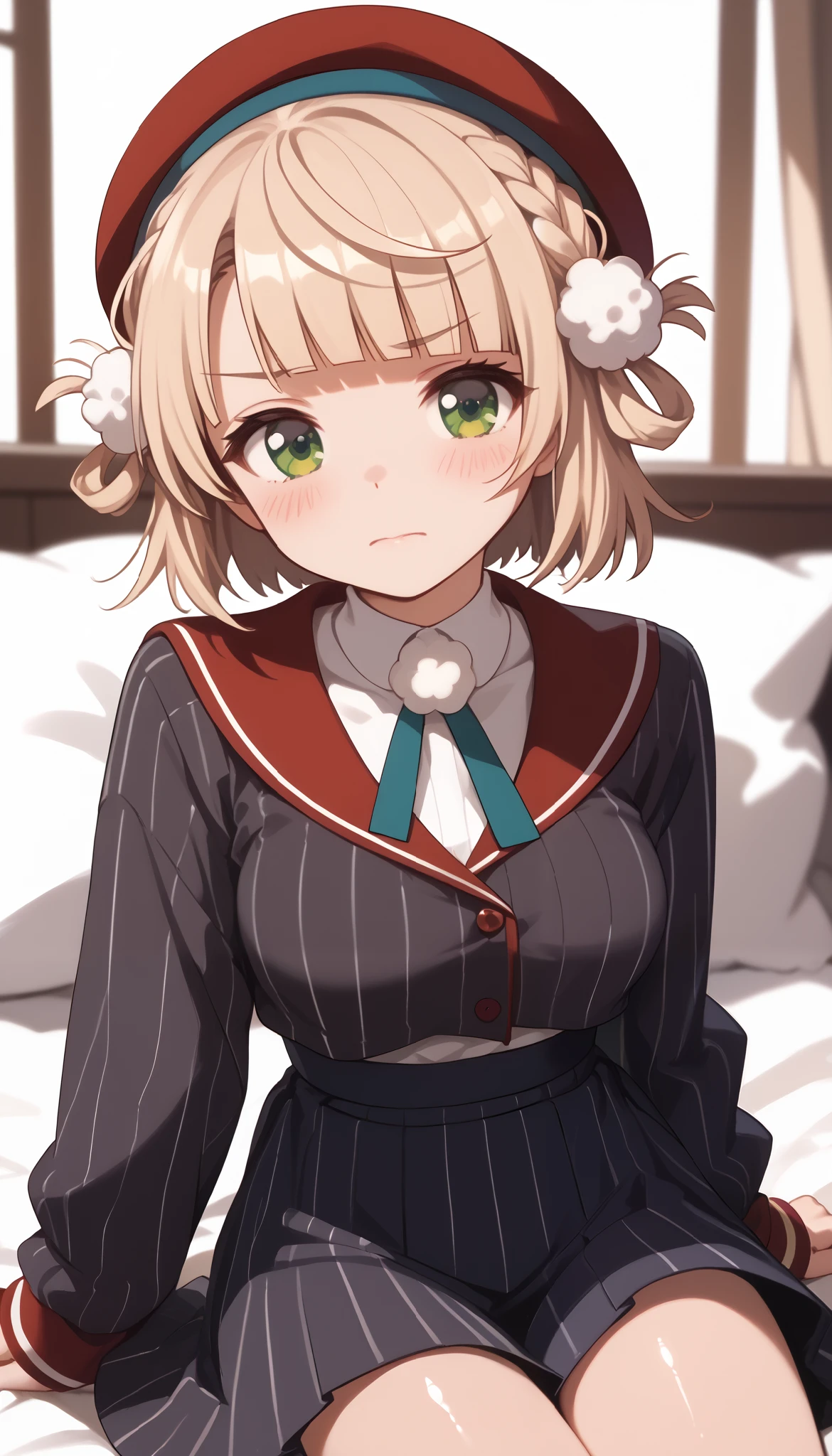 One Girl,shigure ui,solo,{hair rings:1.3},green eyes, pom pom hair ornament,embarrassed,blush, long sleeves, braid, vertical_striped skirt, vertical stripes, beret,medium breasts,cowboy shot,shiny skin, sitting on the bed ,{bright light},close up of breasts 