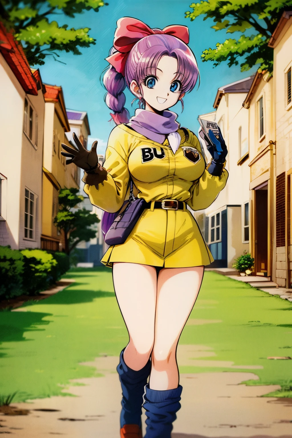 1990s \(   style\), 1990s anime cels    style,  Highest quality ,  High Resolution, ( big eyes:1.2),  1 girl, ,  embarrassing, smile, (:1.2), ,masterpiece、 Highest quality 、( 1 girl:1.4), full body, masterpiece、Highest quality、High Resolution、slender,busty,blmpony、purple hair, hair bow、braided ponytail、yellow shirt、belt、 scarf、Yellow Skirt、super miniskirt,Bulma letters for clothes、 brown gloves、Mid-chest、、Outdoors、cowboy shot、waving、smile
