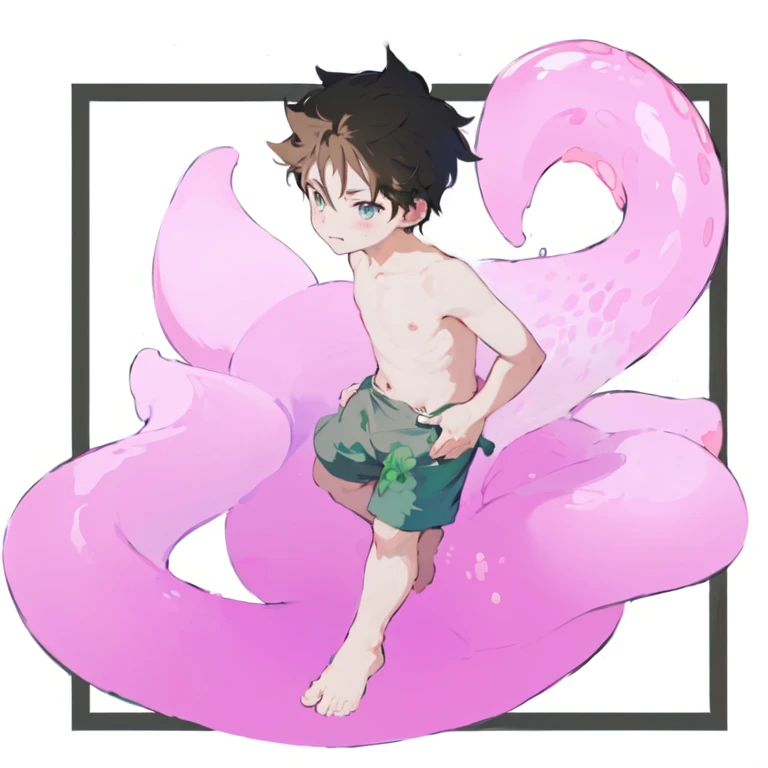 Oriental White Dragon(Species),Dark green eyes,Fit body,Dark personality,Bulge in pants,blush,sweat,Slobber,emaciated,Open your legs,,Milk flowing on face,Covered in milk,Shota,Swimming pants,open mouth,Stick out your tongue,Scales,Constraints,entangle,White cuttlefish tentacles,Heart pupil,Squat,Thin legs,sweat,Eat popsicles