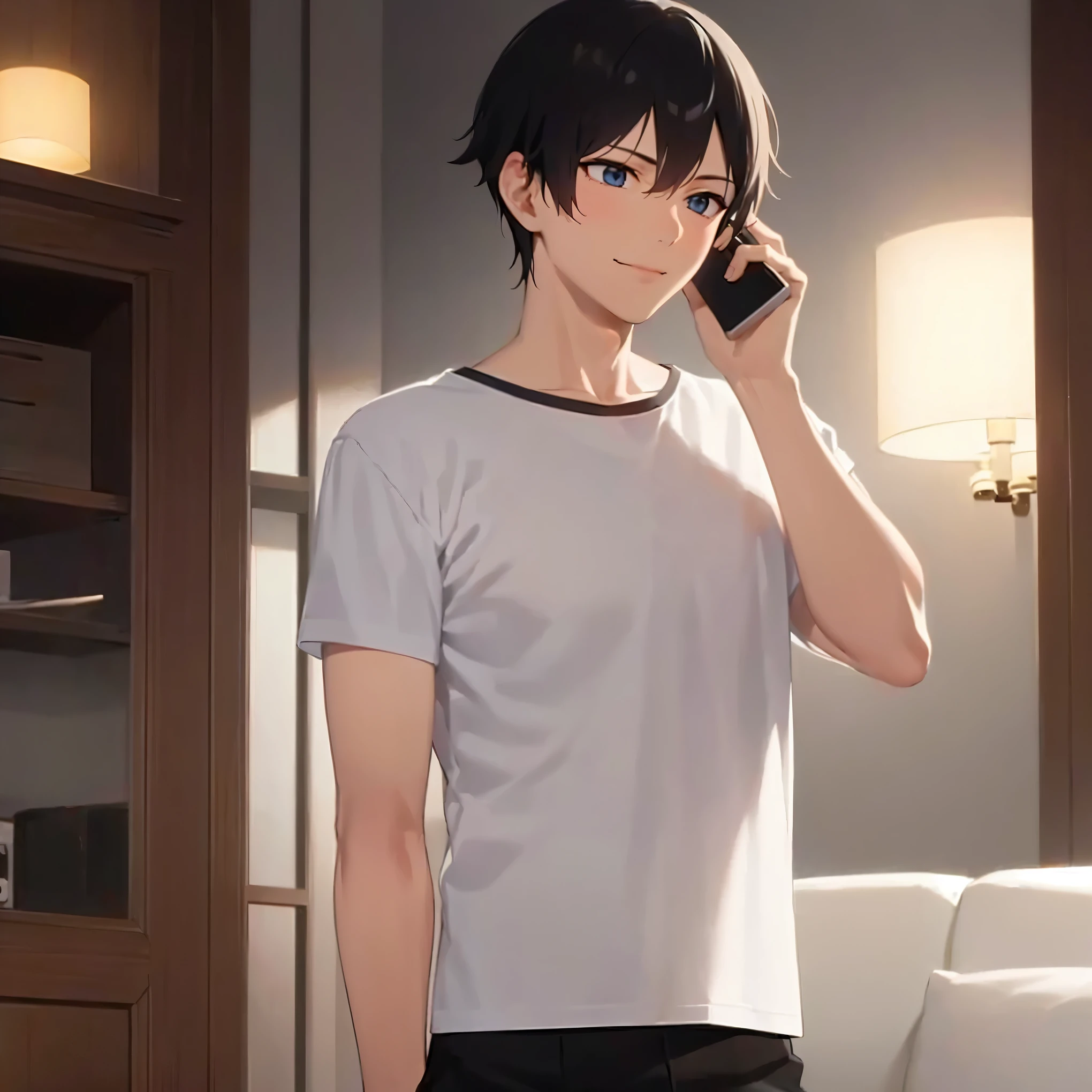 standing, (at night:1.5), talking on phone, (looking away:1.5), masterpiece, best quality, Japanese manga style, upper body, (25 year old male: 1.5) and (short black hair) and (blue eyes), BREAK (white T shirt) and (pants) BREAK smile, inside a living room, alone,