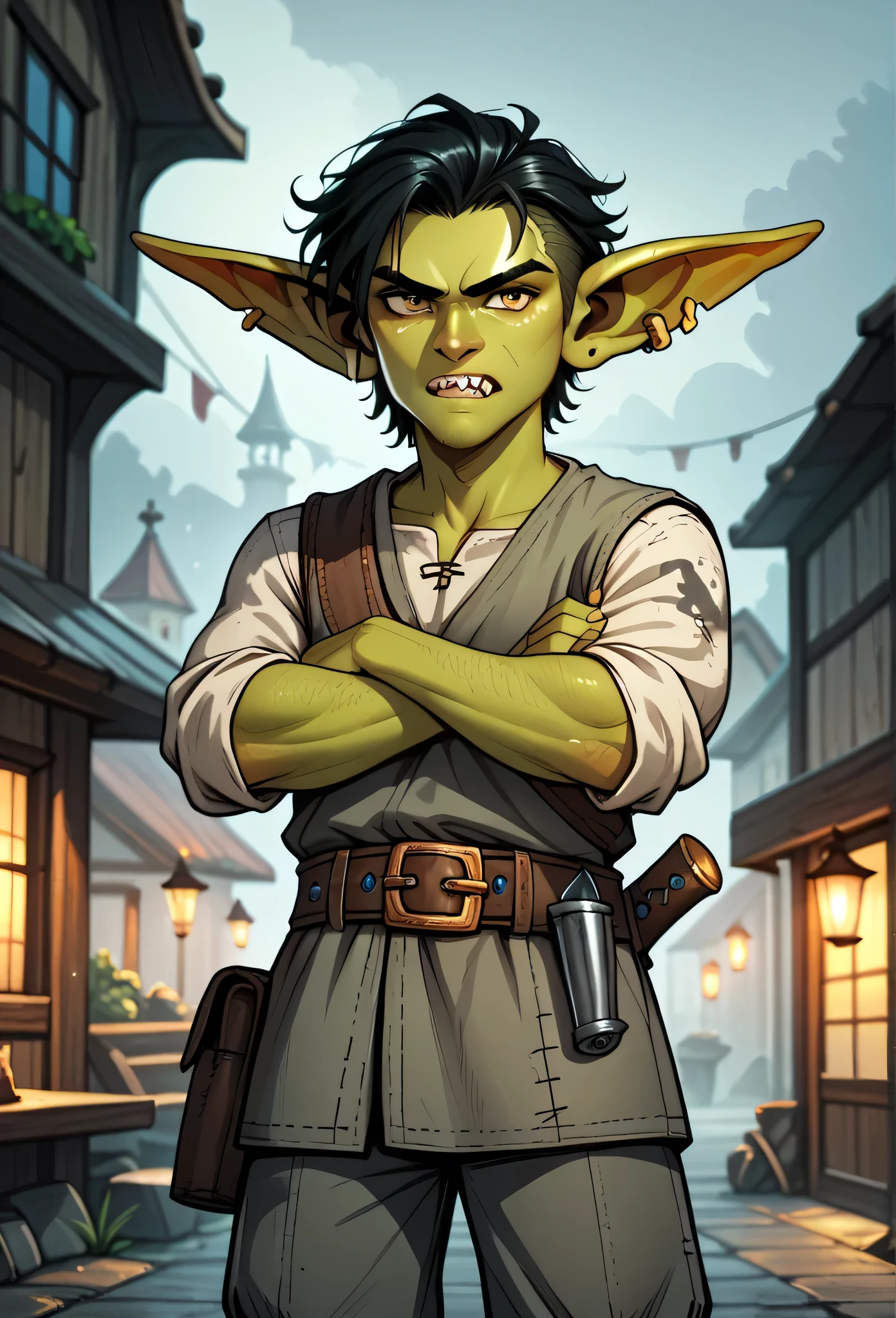 (masterpiece, best quality, 2k), solo, 1guy, (goblin, short stature, pointy ears), black hair, sharp teeth, grey pirate tunic, dark velvet sash, sealskin pants, belt pouch, pirate pistol in belt, fiddle attached to back, standing in a town square, arms folded, foggy evening, (grumpy, proud), close up