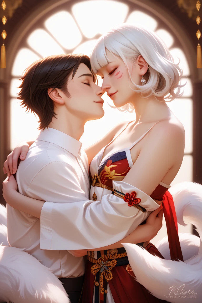 1 girl with long white hair, 1 boy in a shirt, Creampie, Sex from behind Broken flower clothes,on cheongsam,The red color on the chest stands out,Butterflies dazzle their wings,Animal limbs,Animal fluffy feet,cat paws