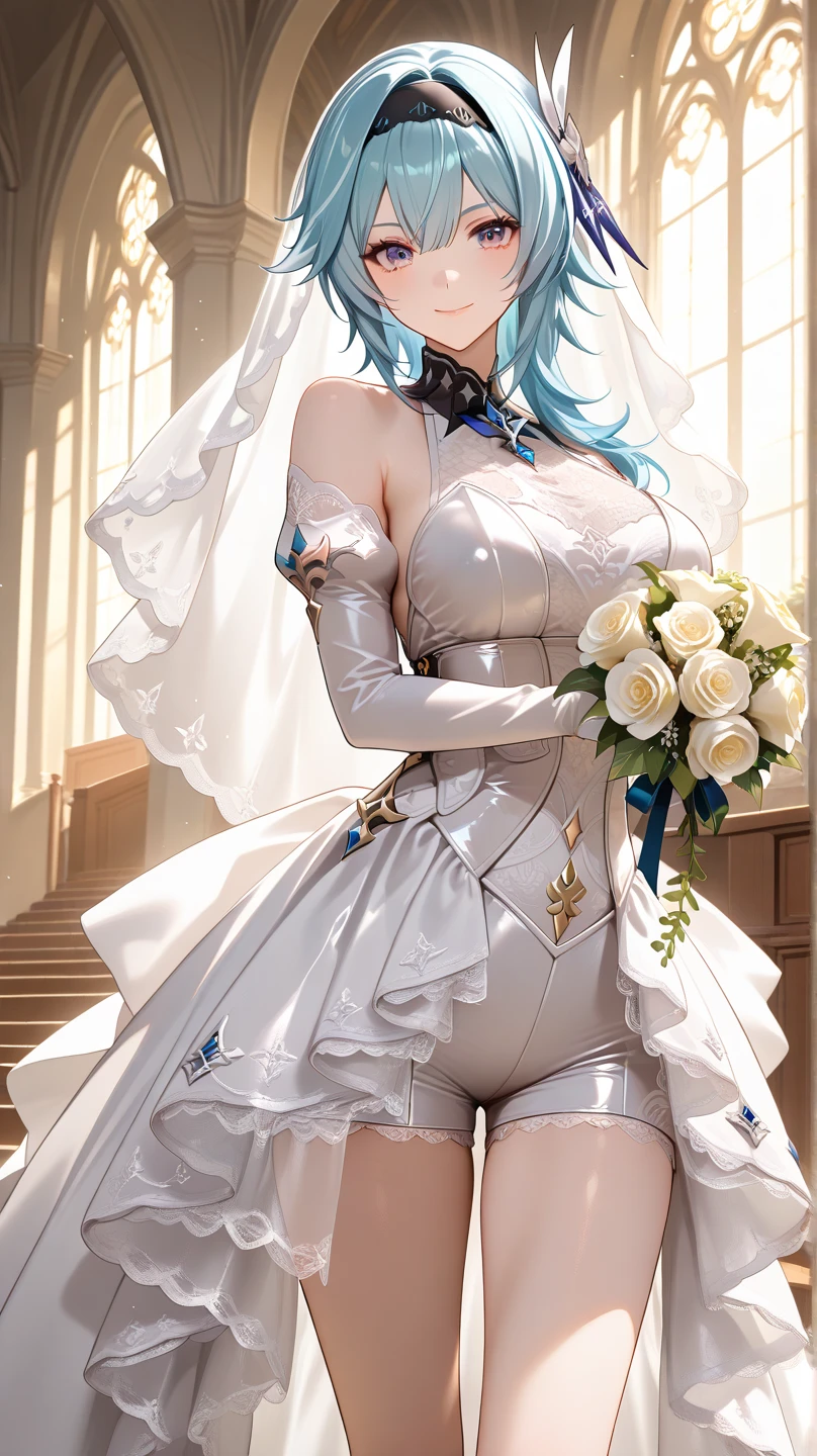 extra detailed face, Perfect Lighting, extremely details CG, 4K、8K、be shy、mournful smile、(Perfect hands, Perfect Anatomy)、Ultra-realistic photo of a girl in a beautiful white wedding dress, Big beautiful dress,all white wedding dress、Silk Veil、White dress with frills(Best Quality, masutepiece,  art  stations, Fantasy Art:1.2),chies,chapel、Beautiful stained glass、beautiful white bouquet、Beautiful cute girl, Rem of Rezero、Height 150cm、(Blue shorthair:1.3), (Bangs hide one eye:1.4)、(intricate short white skirt, Bare legs:1.2, Full body shot)、very Bigger breasts、cleavage of the breast、Nipples show through、、No pubic hair(Clearly visible detailed female pubic shape: 1.4)、skirt rift、Thin leg、Skinny Legs、very very short skirt、low angles、Peeking out the skirt from below、put on white opera gloves