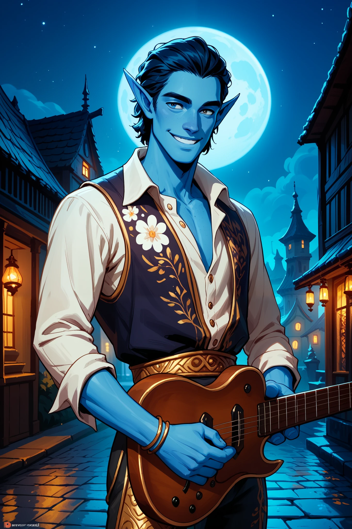 elf, solo, male, blue skin, pointed ears, (colonial era ruffle shirt, slavic style, floral patterns, black colonial trousers, charming, graceful, smiling, flirting, holding a Spanish guitar , ((performing in a village square near the coast)), night scene, colonial style buildings, full moon in sky, ((caviler era clothing, pirate era clothing)), dungeons and dragons, fantasy art, close up, npcp