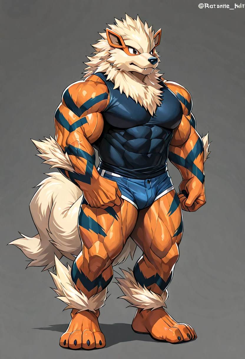 arcanine, feral arcanine, masculine, male, quadruped, feral, mane, very muscular:1.5, muscles:1.2, well defined muscles:1.2, pectorals:1.5, muscular forelegs, biceps, muscular shoulders, detailed muscles, muscular hindlegs, wide chest, muscular chest:1.5, by rossciaco, by wfa, detailed eyes, blue eyes, plain background, explosive background, full body, big wolf feet, speedos