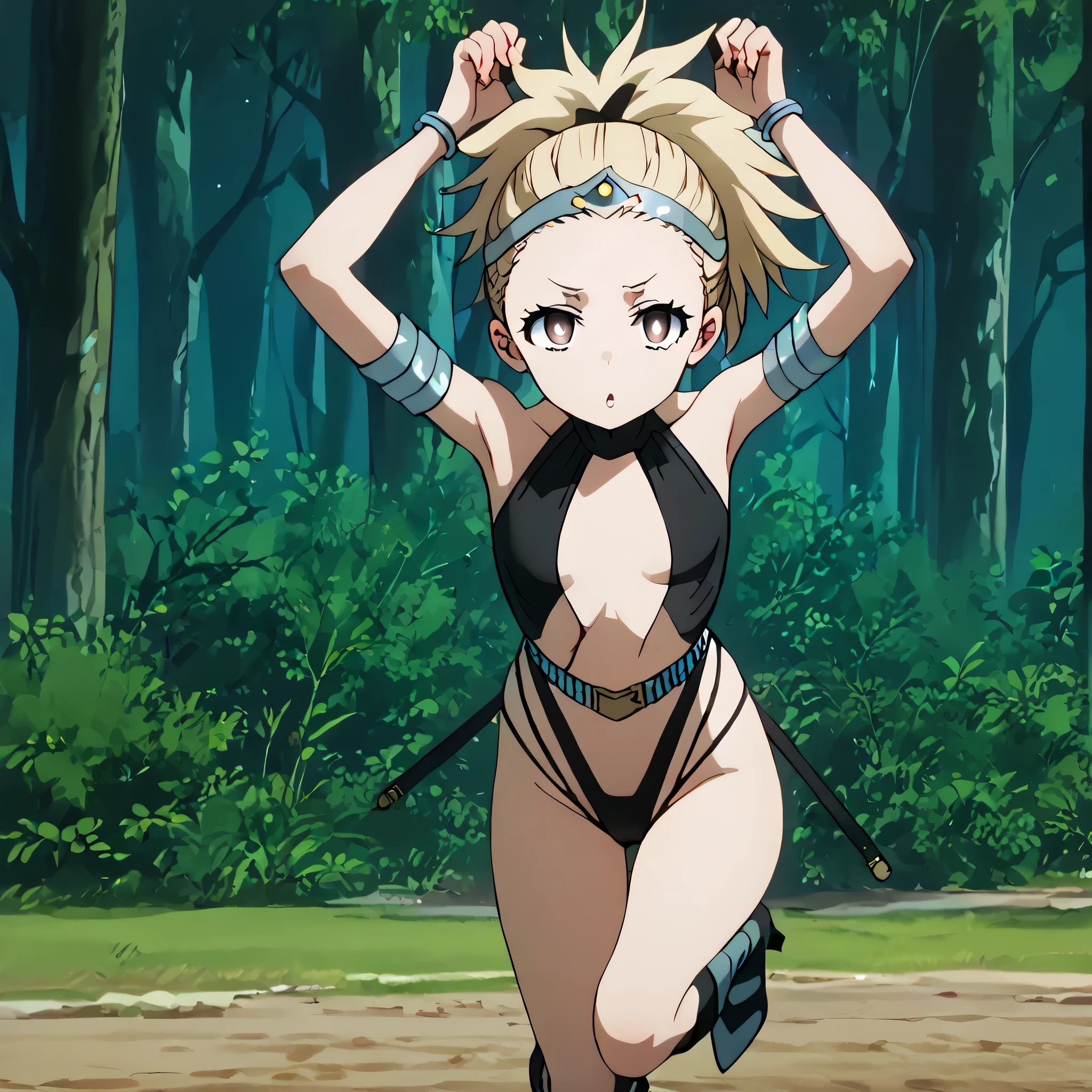 (((Masterpiece))), (((Best Quality))), ((Super Detail)), ultra-High resolution, score_9,score_8_up,score_7_up,score_6_up,score_5_up,score_4_up, BREAK, source_anime, anime screencap, uncensored, rating_explicit, Masterpiece, detailed beautiful eyes, outstanding, countershading, detailed soft lighting, an exquisite animation illustration, curvy, dark persona, empty eyes, blank eyes, looking at viewer, Fighting Stance, horizontal pupils, (((black leotard, clothing cutout))), high heel boots, knee boots, circlet, armlet, bracelet, belt, halterneck, (((solo, 1girl))), hair ornament, small breast, higuruma, brown eyes, bright pupils, blonde hair, ponytail, seductive pose, submissive pose, (((jumping, flyinging, arms up))), forest background, speed line