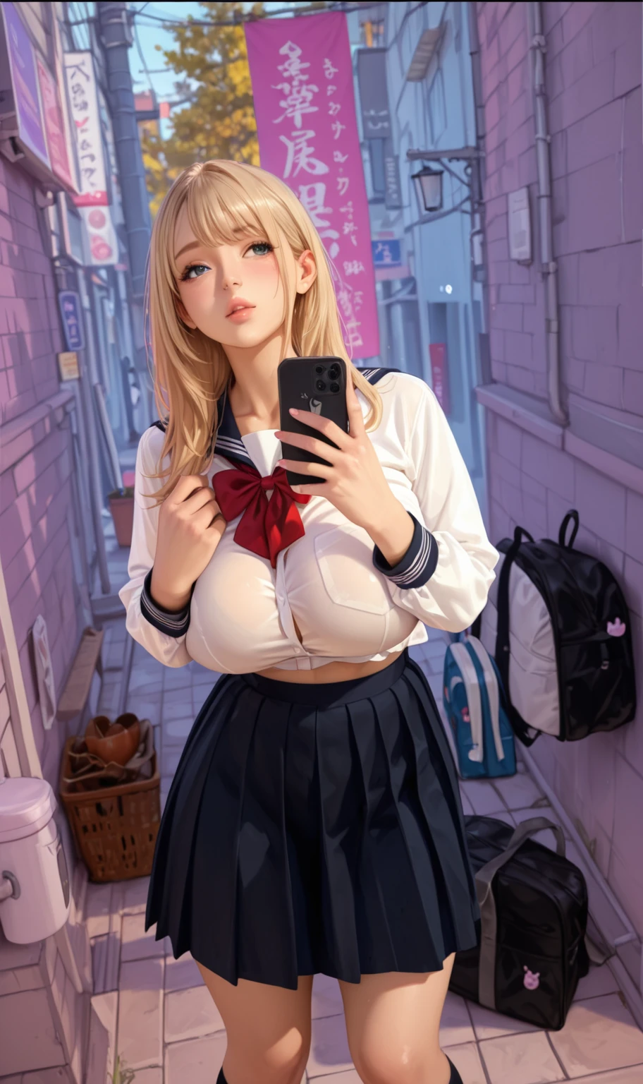 blond woman in a tie taking a selfie in a mirror, hyperrealistic schoolgirl, a hyperrealistic schoolgirl, realistic schoolgirl, ultra realistic picture, photorealistic full body, 2 b, 2b, 🌺 cgsociety, cyber school girl, realistic anime 3 d style, highly realistic. live cam, very very realistic, 8 k sensual lighting, trigger words :novel,romance,fantasia,aventura,beleza,comics americano,paisagem