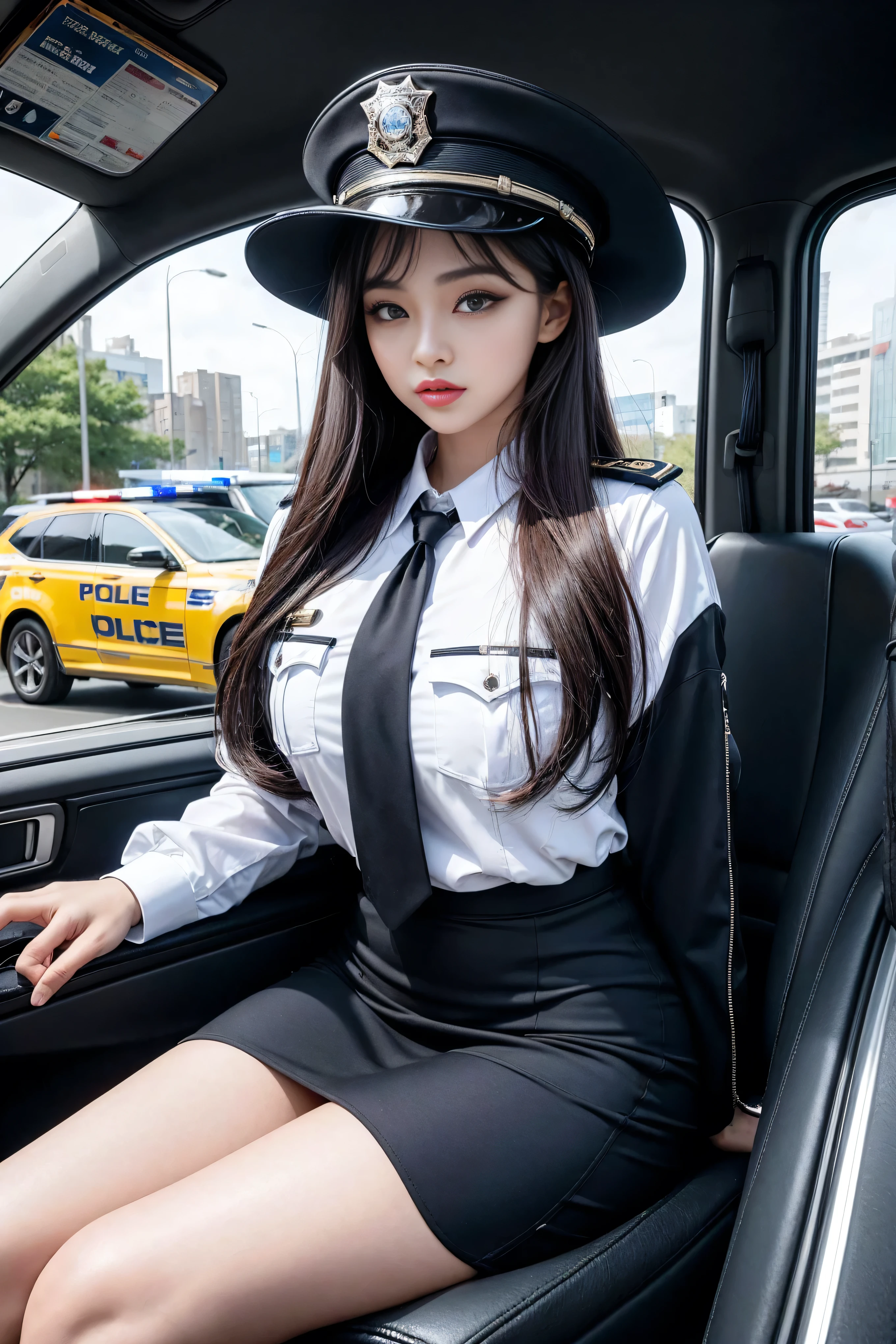 Posing in city police car, photo,Raised sexy, police officials, Dressed as a police officer, bobby, official, , full outfit, female police chief, Korean female fashion model,tight,Hip-hugging skirt,Tight hip-hugging short skirt,High heel,pear shaped body,long legs,wear different colors,White skin,lace up pantyhose