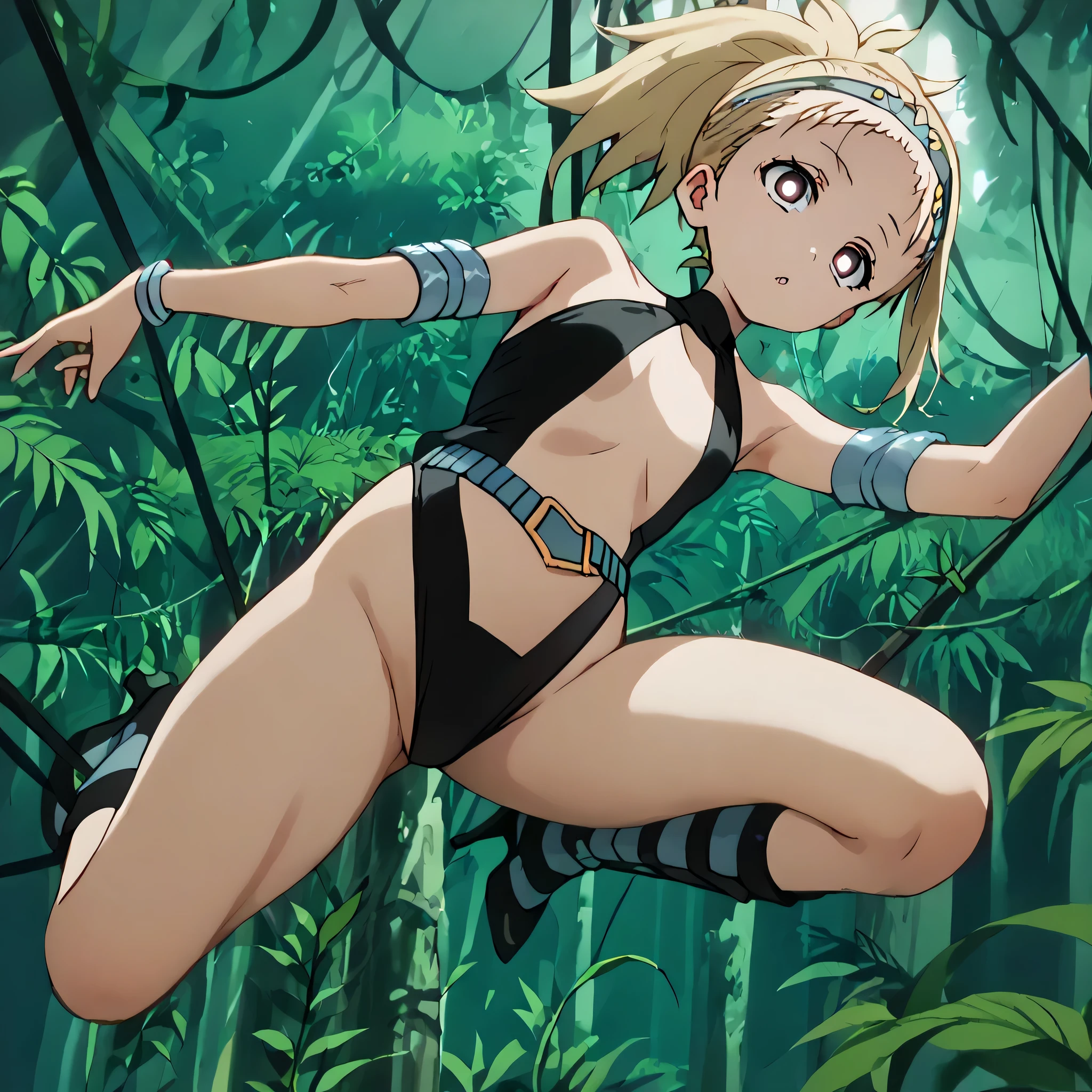 (((Masterpiece))), (((Best Quality))), ((Super Detail)), ultra-High resolution, score_9,score_8_up,score_7_up,score_6_up,score_5_up,score_4_up, BREAK, source_anime, anime screencap, uncensored, rating_explicit, Masterpiece, detailed beautiful eyes, outstanding, countershading, detailed soft lighting, an exquisite animation illustration, curvy, dark persona, empty eyes, blank eyes, looking at viewer, Fighting Stance, horizontal pupils, (((black leotard, clothing cutout))), high heel boots, knee boots, circlet, armlet, bracelet, belt, halterneck, (((solo, 1girl))), hair ornament, small breast, higuruma, brown eyes, bright pupils, blonde hair, ponytail, seductive pose, submissive pose, (((jumping, flyinging))), forest background jungle background, vine, speed line, looking from below, from below, view from below
