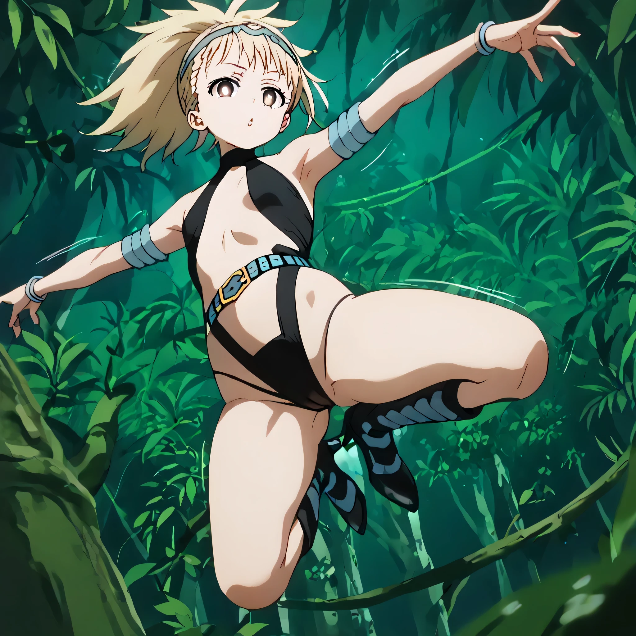 (((Masterpiece))), (((Best Quality))), ((Super Detail)), ultra-High resolution, score_9,score_8_up,score_7_up,score_6_up,score_5_up,score_4_up, BREAK, source_anime, anime screencap, uncensored, rating_explicit, Masterpiece, detailed beautiful eyes, outstanding, countershading, detailed soft lighting, an exquisite animation illustration, curvy, dark persona, empty eyes, blank eyes, looking at viewer, Fighting Stance, horizontal pupils, (((black leotard, clothing cutout))), high heel boots, knee boots, circlet, armlet, bracelet, belt, halterneck, (((solo, 1girl))), hair ornament, small breast, higuruma, brown eyes, bright pupils, blonde hair, ponytail, seductive pose, submissive pose, (((jumping, flyinging))), forest background jungle background, vine, speed line, looking from below, from below, view from below