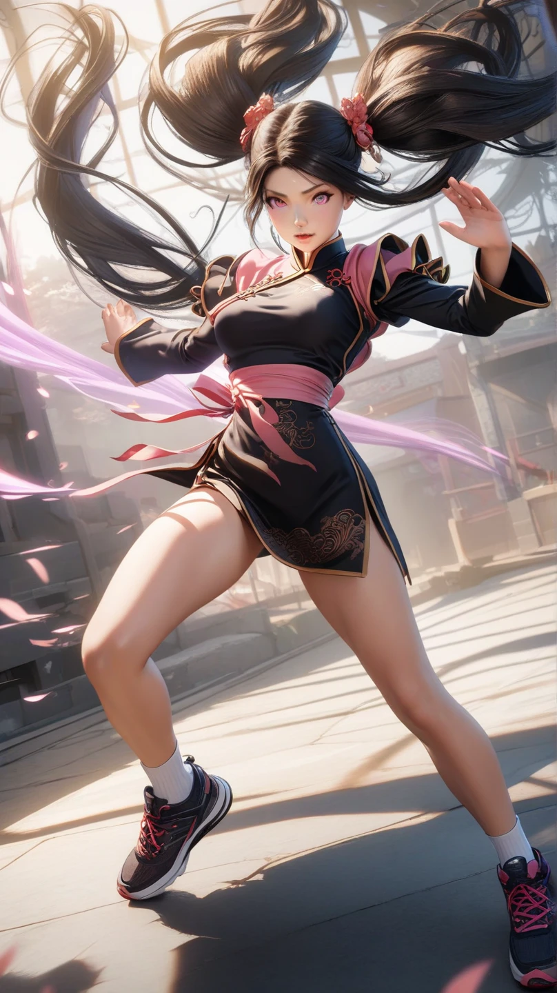 Wearing a karate uniform over a black, form-fitting, high-cut bodysuit.、Woman doing karate