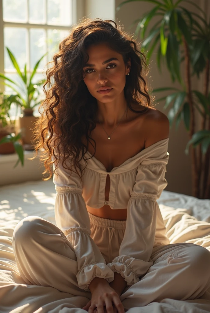 (photorealism:1.2), beautiful woman, sitting on bed, wearing loose off-shoulder top, pajama pants, long curly hair, indoors, soft lighting, plants in background, window with sunlight, cozy room, relaxed pose, realistic, intricate details, warm colors, by Greg Rutkowski, by Alphonse Mucha