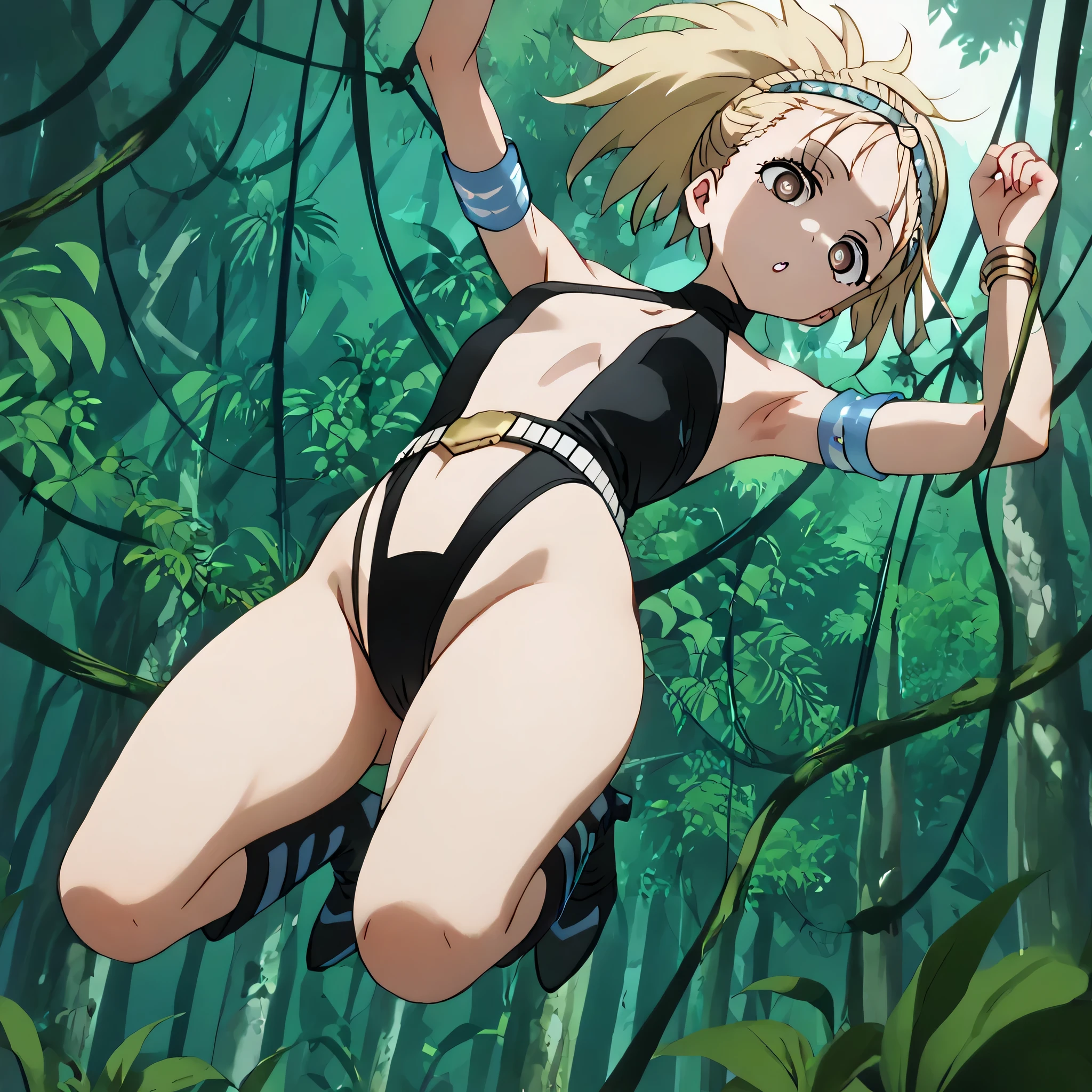 (((Masterpiece))), (((Best Quality))), ((Super Detail)), ultra-High resolution, score_9,score_8_up,score_7_up,score_6_up,score_5_up,score_4_up, BREAK, source_anime, anime screencap, uncensored, rating_explicit, Masterpiece, detailed beautiful eyes, outstanding, countershading, detailed soft lighting, an exquisite animation illustration, curvy, dark persona, empty eyes, blank eyes, looking at viewer, Fighting Stance, horizontal pupils, (((black leotard, clothing cutout))), high heel boots, knee boots, circlet, armlet, bracelet, belt, halterneck, (((solo, 1girl))), hair ornament, small breast, higuruma, brown eyes, bright pupils, blonde hair, ponytail, seductive pose, submissive pose, (((jumping, flyinging))), forest background jungle background, vine, speed line, looking from below, from below, view from below