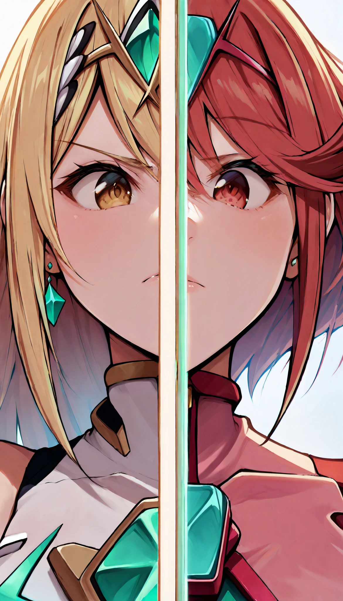 masterpiece, best quality, indoor, 1girl, SplitScreen, split screen, upper body, standing, three-quarters view, profile, Pyra, Mythra