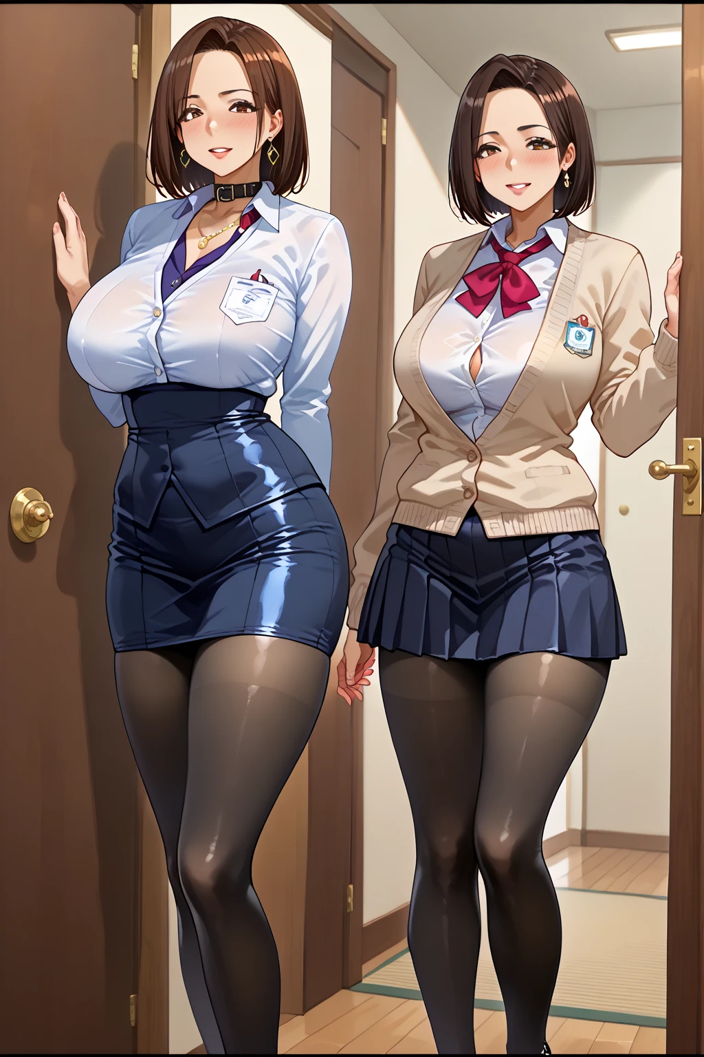 ((masterpiece)), ((Highest quality)), ((Complex)), ((超Realistic)), (Realistic), (Mature Woman), Sit cross-legged at a desk, office, Very detailed, 1 person, Beautiful and detailed, eyelash, double eyelid, (Perfect Teeth), smile, Brunette bob hair, Brown eyes, (Big Breasts), (Business style attire), (Pencil Skirt), (Thighs), (stockings), (background: underground), detailed background, Perfect Eyes, Captivating eyes, Looking at the audience