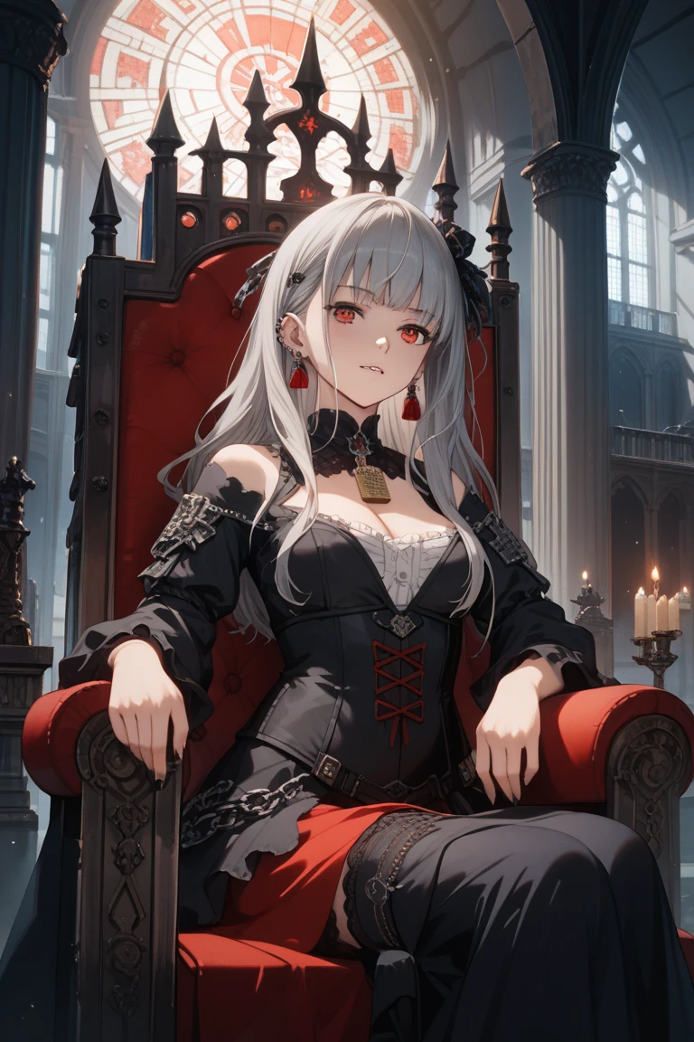 (best quality,4k,8k,highres,masterpiece:1.2), ultra-detailed, realistic:1.37, girl sitting on a black throne, wavy loose hair, beautiful detailed red eyes, elegant white hair, stunning red and black clothes, mid shot, dark and mysterious atmosphere, intricate throne details, vibrant and contrasting colors, soft and dramatic lighting, regal and confident posture, intense gaze, gothic fashion style