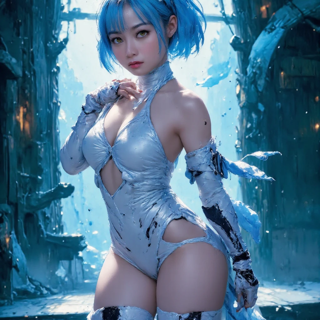 superheroine, long long gorgeous light blue hair, ((many chains wrapped around body, tighten up)), latex, leotard, blue and white costume, captured, shibari, static restrained, ((arms behind back)), chained, cuffed, collared, tied up, cruelly, painful, helpless, humiliating, burned at stake, flames intensely, (screaming in pain), falling body, eyes closed, ((being hit by fire, sweaty)), (body twisting ly), dramatic angle, in underground cave, bondage