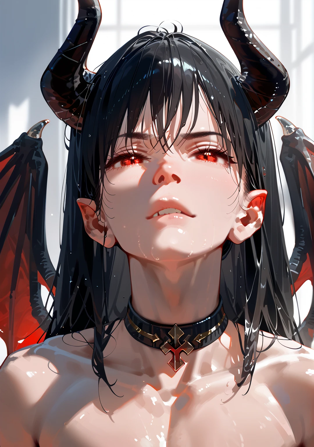 Sexy gothic girl, ((muscular size:1.2)) black hair, Shoulder length hair, red eyes, black lipstick, black nail, eyeliner, little sadistic smile, dark and deep look. Masterpiece, UHD, detailed. Into a satanic church