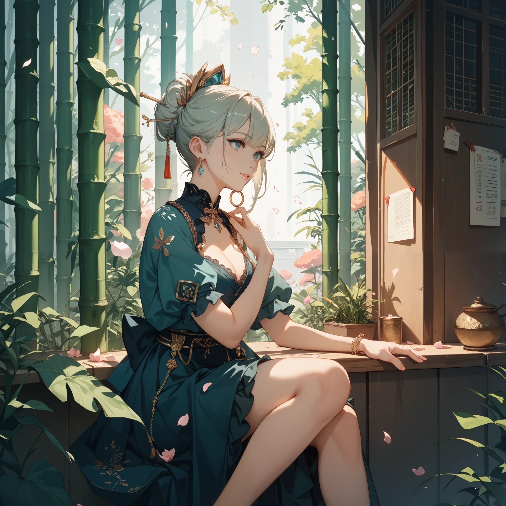 HDR,UHD,8K, best quality, masterpiece, Highly detailed, Studio lighting, physically-based rendering, 1girl, solo, BJD doll, blush, wooden windows, lying on bed,wooden door, pines,trees, moss, plants, green leaves, bamboo,stones, curtain, (paper fans),byobu, tea kettle, tea cups,flower tatoo,seductive smile, hair ornament, flower, kimono, japanese clothes, earrings, jewelry, hair bun, (full body:1.4), hair flower, sash, white hair, tassel, grey eyes, pink kimono, double bun, simple background, obi, closed mouth, updo, red lips, brown eyes, makeup, kanzashi, lips, <lora:BJD_20230725223240-000010:0.6>, <lora:XSarchitectural_32ModernChinesestyle:0.6>, <lora:Clothing -:0.4>,