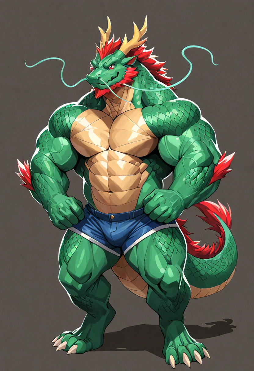 (sfw:1.5), male focus, Handsome 1boy, solitary,protrait photo, (Dark green thick eyebrows:1.3),single, (Dark green nails, Dark green paws:1.4), Green skin, (Green tail:1.4), (Perfect eyes:1.4), (Green body:1.3), (Dark green scales:1.3), (深绿色的Dragon Horn, Dark green horn:1.3),
Chinese dragon, Oriental Dragon, feet, chinese dragon, dragon boy, dragon body, (evil eyes, big eyes, large eyes:1.4), Dragon Claw, Dragon Horn, Dragon Tail, (Chubby, The body is huge, Larger face:1.3), Bare neck,
(Chinese clothing:1.4) , (Red belt:1.3), (pipe:1.4), (Lace shoes:1.3), (Light green jade pendant:1.1), (Topless:1.3),
(full body:1.3), (Middle-aged men,Mature men:1.4), (Strong body, muscle,Strong male, muscle男, Bare chest muscles:1.3), Red nipples, (Abdominal muscles:1.4), belly button, (bare arm, Thick arms:1.3), (Standing:1.3), Laziness, languid, Comfortable, (Looking at the audience, Focus, Eyes gaze:1.1), enjoy, (evil smile, evil grin, Smirk, Grin:1.4), (嘴巴叼着pipe:1.4),
full background, ground, Blue sky, White Cloud, daytime, Mountain,
Mysterious and romantic atmosphere, Caustic lines(refraction, polarization)Perfect anatomical structure, absurd, Detailed background, (Delicate eyes:1.3),Printing style。((artist:Takemoto Arashi))