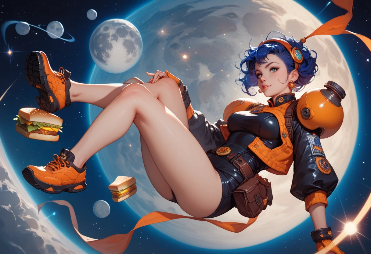 masterpiece, highest quality, (very detailed), the most beautiful artwork in the world, (1woman), pinup model, sexy, micro bikini, floating in space, 1planet, stars, (vivid colors), nebula, space dust, sci fi, space