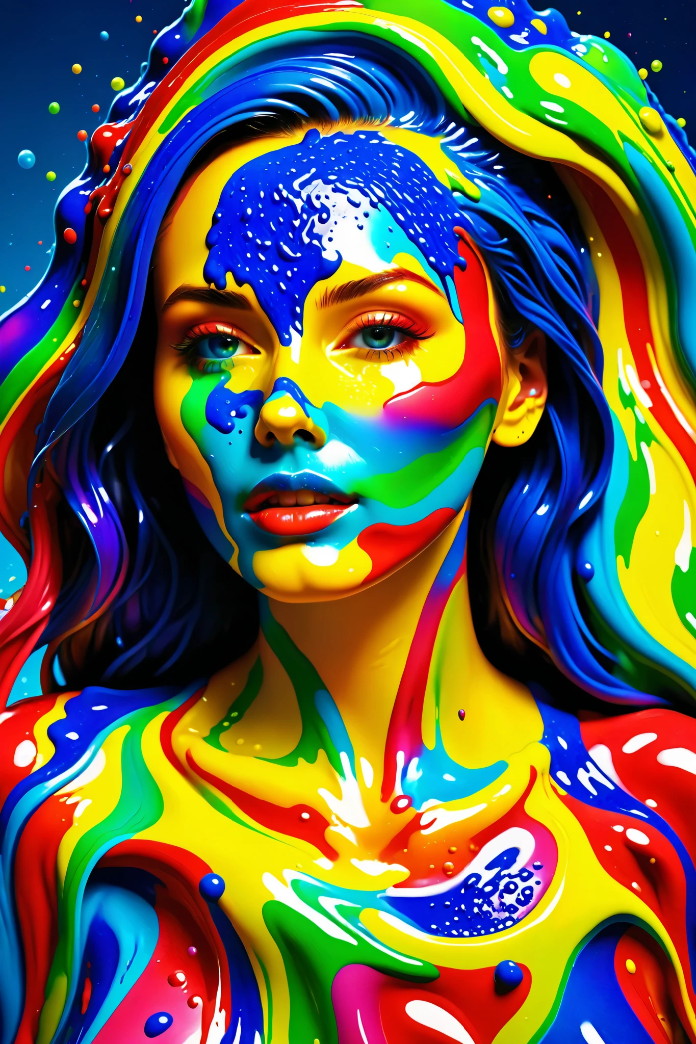 A beautiful woman covered in rainbow slime. Ultra realistic, ultra detailed 