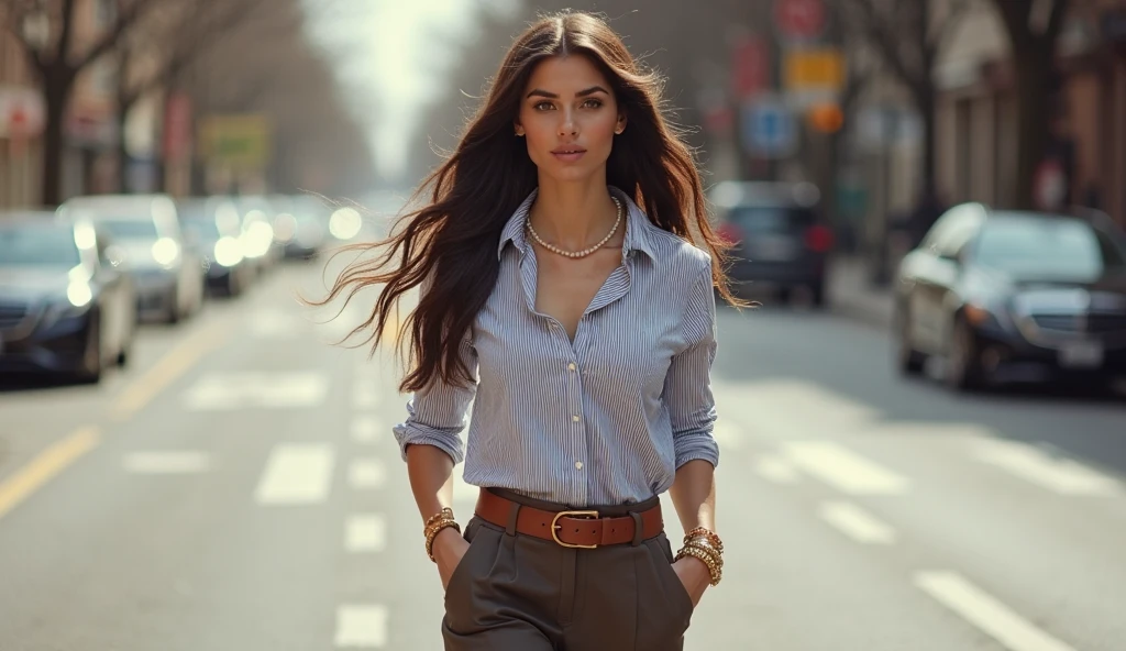 Charming green-eyed brunette girl. The length of the hair is square. He looks straight ahead. She is wearing a white shirt