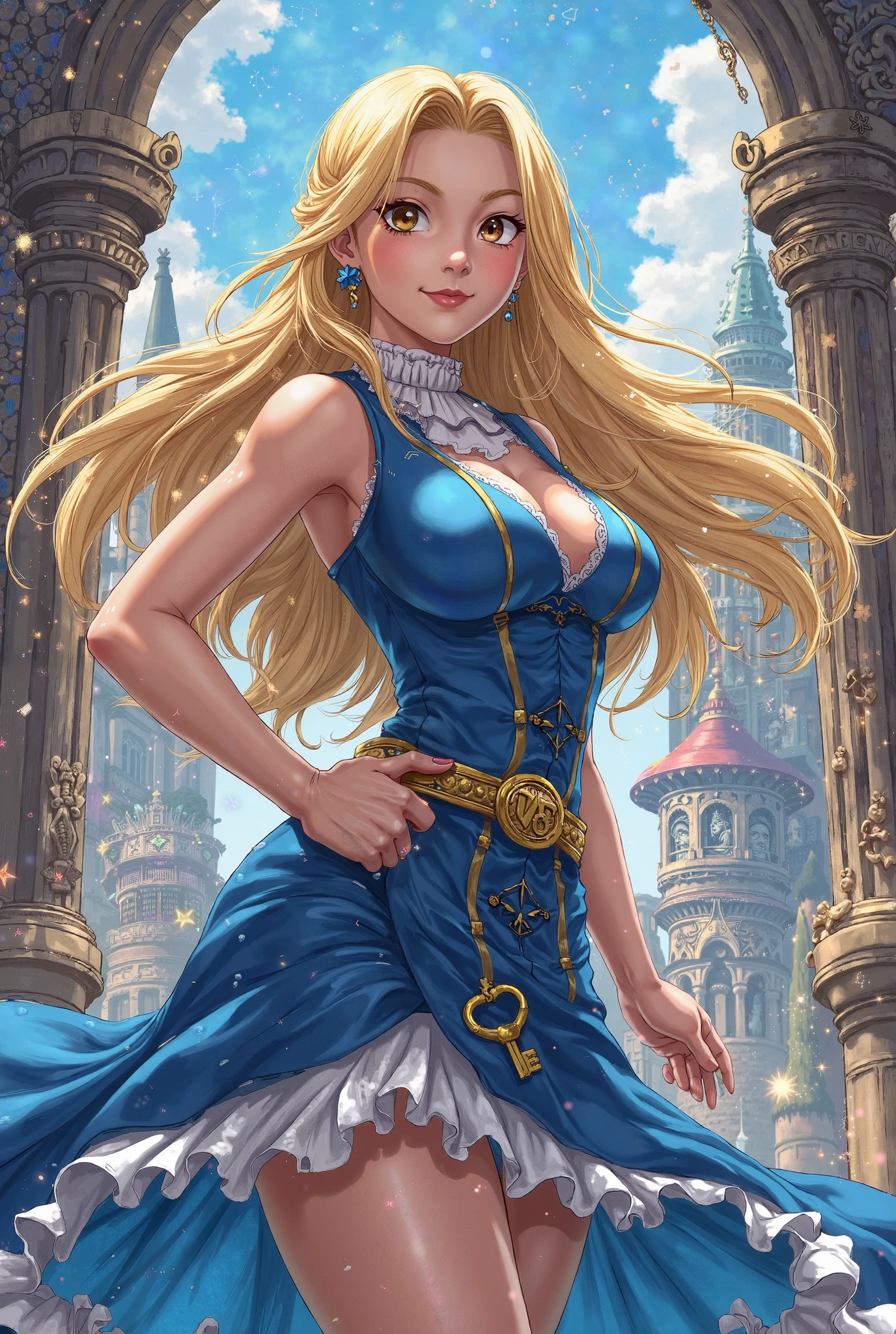 (Dominican: Caribbean:1girl: Cinderella,Superhero), (extremely detailed CG unit 8k wallpaper),(master part), (best quality), (ultra detali), (best illustration),(melhor ombre), cowboy shot, (Sharp eyeliner, ombre, detailedeyes:1), Disney Castle background, ,break , (star15escola:1.2), hair ornament,short hair ,blonde hair, Cameltoe
