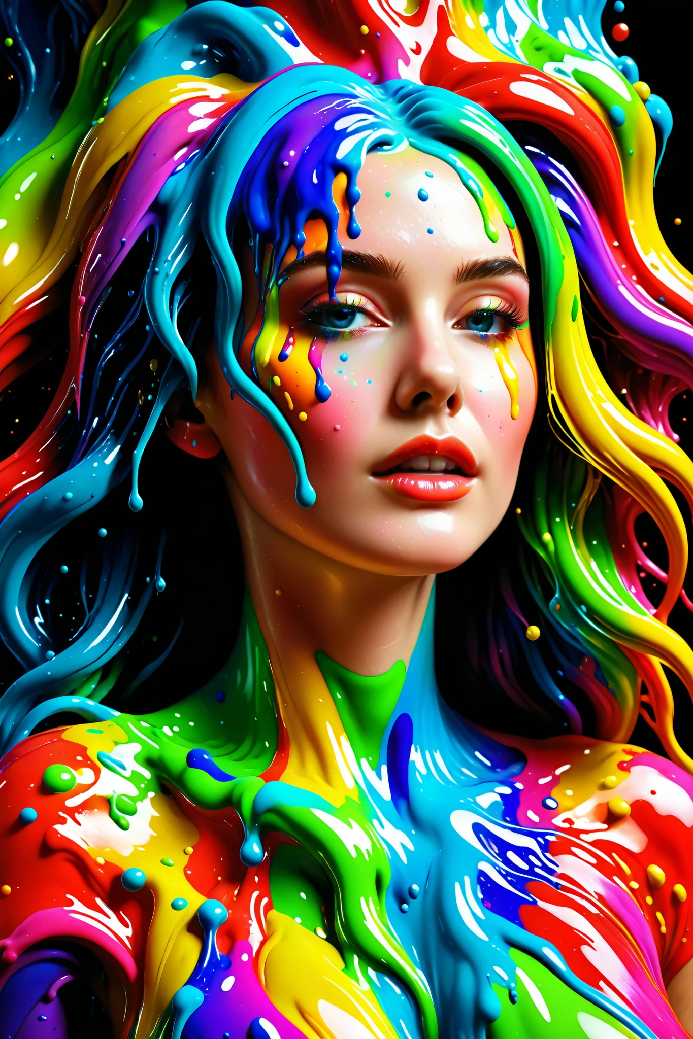 A beautiful woman covered in rainbow slime. Ultra realistic, ultra detailed 