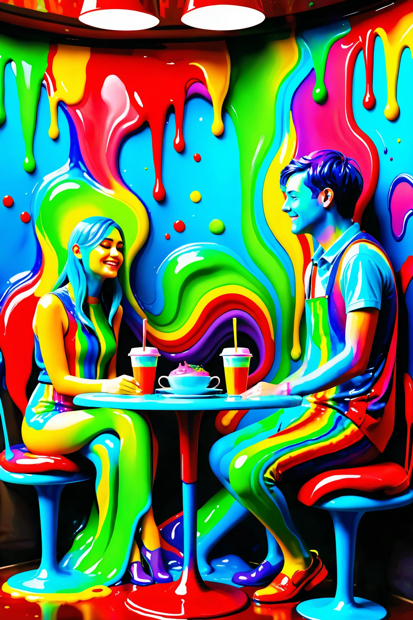 A couple sitting in a cafe covered in rainbow slime. Ultra realistic, ultra detailed