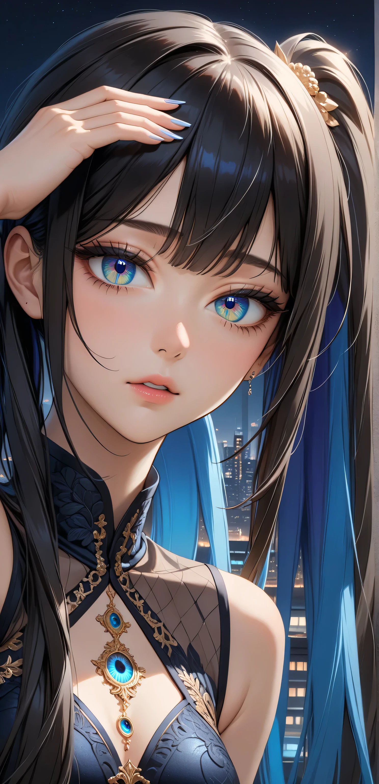Close up, upper body, Random Sexy pose , ((Ultra detailing)), ((very aesthetic, best quality, ultra detailed)), intricate details, 1girl, ((long hair, Black hair, Side ponytail, blue inner hair)), ((Multi colour eyes)), ((Detailed eyes)), ((Beautifull eyes)), ((prefect eyes)), ((Ultra detailing eyes)) ,Medium breast, sharp jawline, long hair,((sleeveless dress)), night city scape