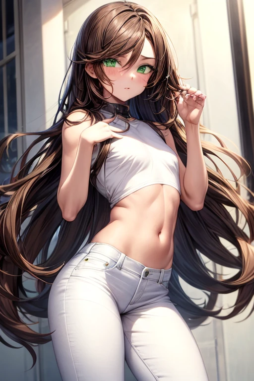 (by ikky:0.9), hutao \(genshin impact\), (cowboy shot), (anime style), (fantasy theme), (in a room, night), ((white background, all white background)), (looking at viewer, hand on hair, making a bun), (gentle smile, warm and inviting), (brown hair, small breasts, black nails), (twintails, red eyes with white flower in pupils), (wearing light green nighty shirt and light green pants with many small stars, moons, and satellites), (pretty open shirt), (cozy and intimate setting, soft lighting), (delicate features highlighted, intricate designs on pajamas), (beautiful color, detailed, aesthetic), (amazing quality: 1.4)