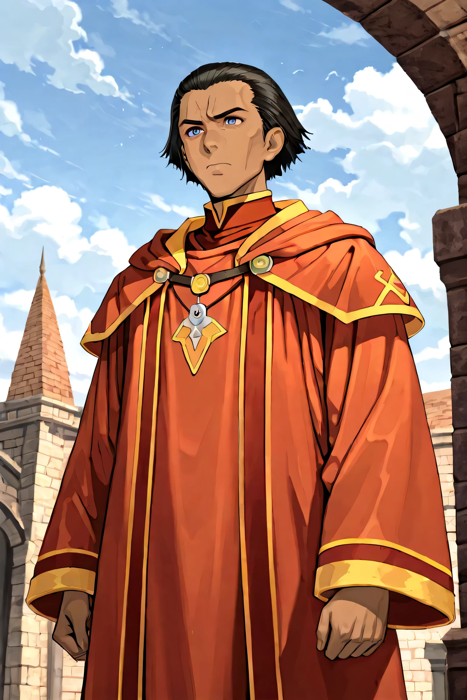 solo, male, tanned white skin, greying black hair in friars cut and balding, middle aged, violet eyes, (orange and red priestly robes,, golden sun-shaped clasp), cleric, inquisitor, serious, grim expression, scheming, standing in a courtyard, cloudy day, pyre burning behind subject, fantasy, dungeons and dragons, close up
