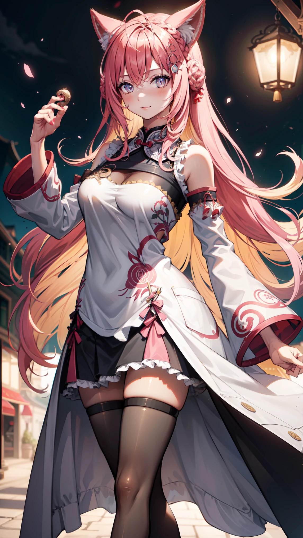 Imagine an 8k , high resolution , beautiful and beautiful face ,Woman with long pink hair , animal ears , Long gown, Chinese Clothes , black leggings , Big white coat ,Snake pattern,Snake pattern , headdress, black black handkerchief