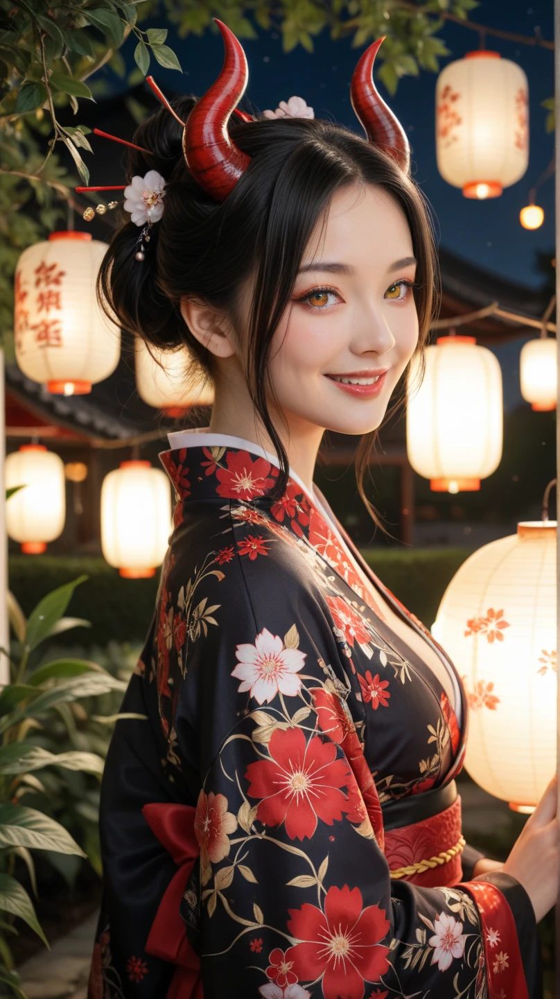 ((night, Real Light, Highest quality, 8k, masterpiece: 1.3)), 35-year-old woman, Beautiful woman, Slim figure: 1.4, (Dark brown hair), (Off the shoulder), (kimono)), ((Cleavage)), ((美しいkimono)), (night), Highly detailed face and skin texture, (Sitting), (((smile))),(((Leaning forward))