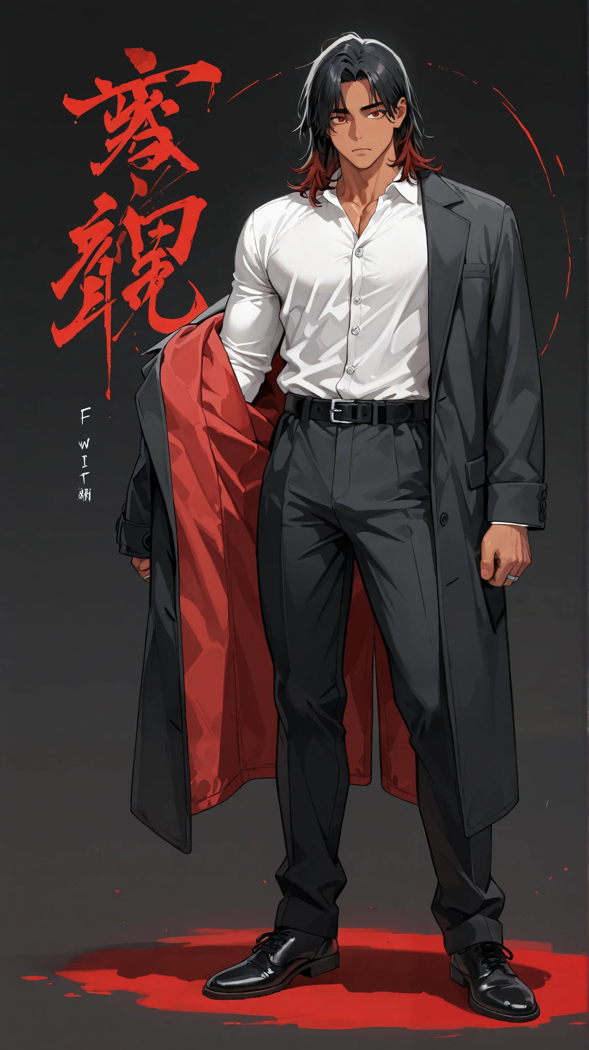 1 boy, fit, very handsome, tall, wavy black hair, one line of red hair in front, middle part hair, wolfcut, medium length hair, middle part hair, defined red eyes, neutral face, tan, sexy body, muscular body, big arms and legs, defined muscle, white button up long sleeve polo, black suit coat, red inside coat, removing coat, silver ring, black pants, belt, standing, black high top leather shoes, full body, plain white background