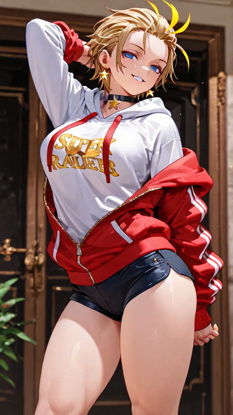 masterpiece, highest quality, Artoria Lancer, Braiding, Huge breasts, Purple hoodie, Sweat pants,Are standing, null, Cityscape,, View Viewer, smile,dolphin shorts