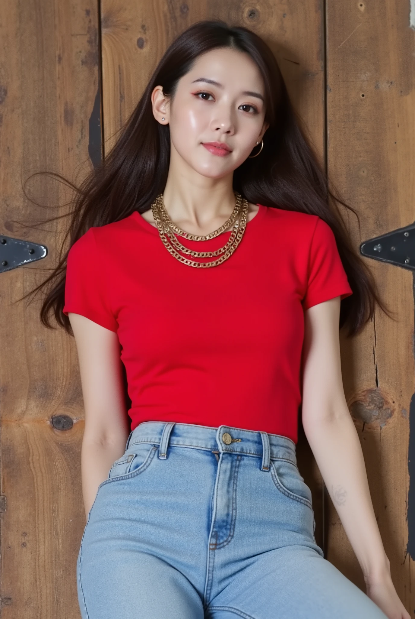 The image is a high-resolution photograph featuring an East Asian woman with fair skin and long, straight dark brown hair. She has a slender physique and is positioned lying back on a large, rustic wooden table with a weathered texture, showcasing a rich brown color with visible grain and knots. The table has a distressed appearance with black metal support beams visible on the sides.
The woman is wearing a vibrant red short-sleeve T-shirt that fits snugly, accentuating her petite frame. Her jeans are high-waisted and light blue, with a slight fade effect, adding a casual and relaxed vibe to her outfit. She accessorizes with a layered necklace of gold chains that rests just above her collarbone, adding a touch of sophistication to her look.
Her facial expression is neutral, with a slight hint of a smile. She has a natural makeup look with a focus on her eyes, which are accentuated with dark eyeliner and mascara, and her lips are painted a soft pink. She wears small silver hoop earrings, adding a subtle, stylish touch.
The background is simple and uncluttered, with the focus entirely on the woman and the table she is lying on, creating a clean and minimalistic composition.