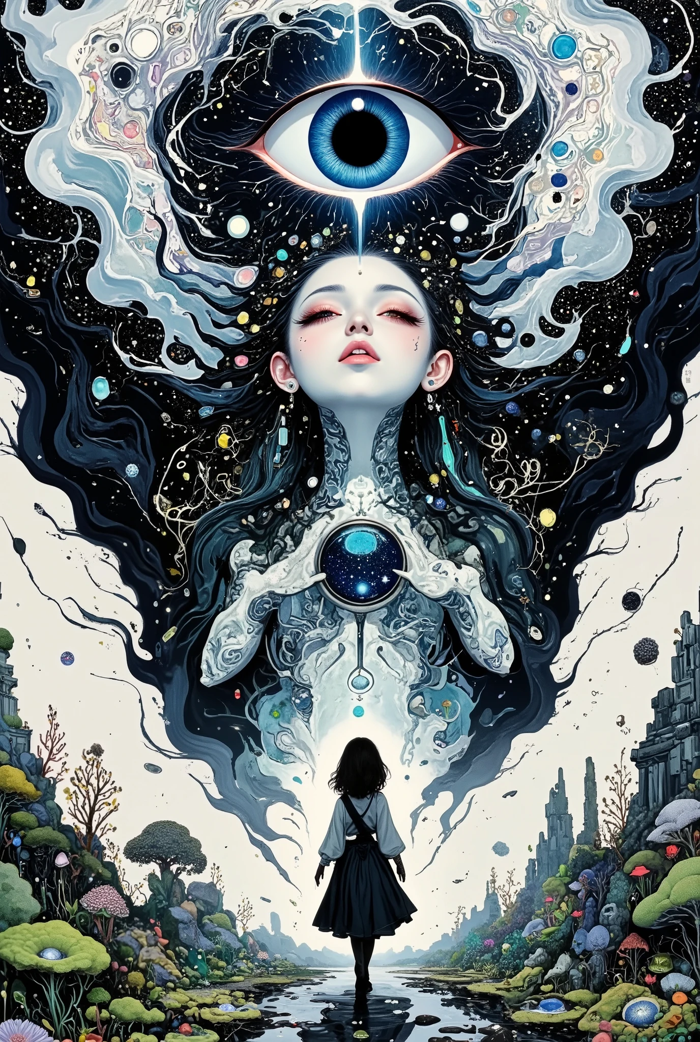 A hyper-realistic dark surrealism artwork of Kwan Im with a gothic and cyberpunk fusion aesthetic. She is adorned in flowing, tattered robes of black and silver, blending traditional Buddhist elegance with a futuristic dystopian twist. Her serene yet haunting face is partially covered by biomechanical engravings, resembling a fusion of human and machine, with glowing circuit-like tattoos running along her arms and neck,Her mouth is open wide, but instead of a human voice, a swirling cosmic void roars from within—galaxies, nebulae, and distant stars spiraling in a mesmerizing, infinite abyss. The divine and the cosmic merge, as if she holds the universe itself within her being. A large, intricate cybernetic halo hovers behind her head, pulsing with an eerie light, casting shadows across the chaotic background—a blend of black ink splashes, abstract symbols, and shattered metallic fragments,Dark metallic lotus flowers bloom at her feet, their petals appearing to disintegrate into digital glitches. The lower part of her form dissolves into the void, merging with the surreal, fragmented world around her. The artwork is rendered in a monochrome, high-contrast palette, enhancing the gothic and otherworldly feel. Cinematic moody lighting highlights the ethereal yet mechanical textures of her presence. Inspired by dark surrealism, gothic cyberpunk, and biomechanical horror. Ultra-detailed, high-resolution, with a dramatic and haunting aura.