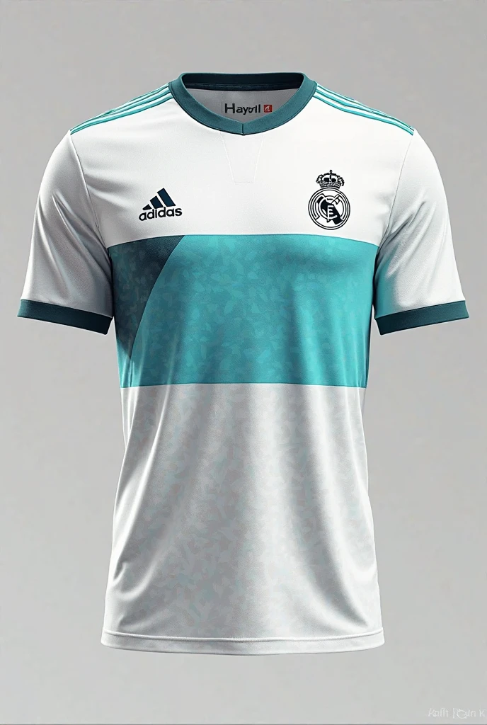 Real Madrid soccer jersey white with thin light green lines on the shoulders, Black and light red with a v-neck